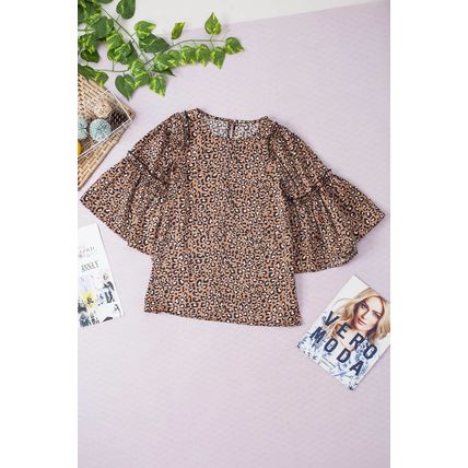 Chestnut Leopard Print Ruffle Wide Sleeve Blouse