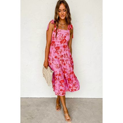 Pink Tie Shoulder Straps Tiered Floral Dress