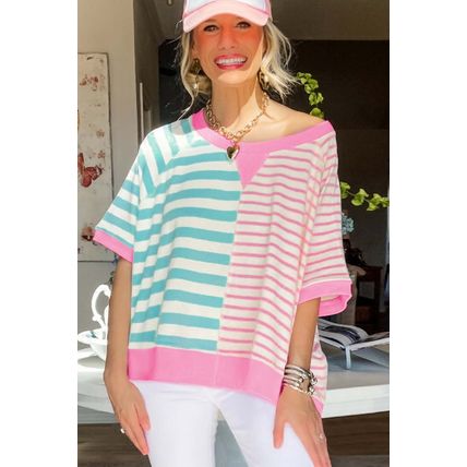Pink Stripe Contrast Patchwork Oversized T Shirt