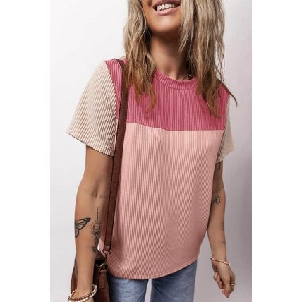 Pink Rib Textured Colorblock T Shirt