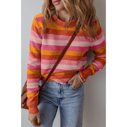 Orange Color Block Ribbed Edge Round Neck Sweater