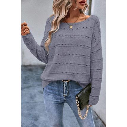 Light Grey Boat Neck Drop Shoulder Pointelle Knit Sweater
