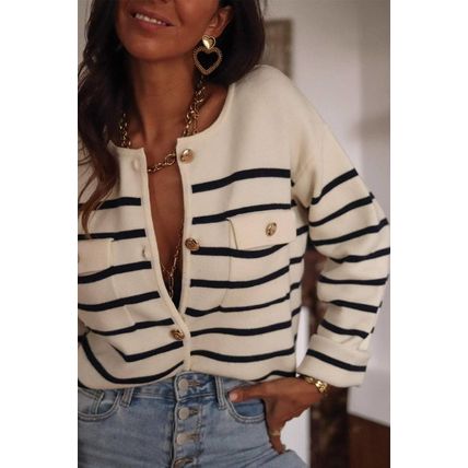 Black Stripe Flap Pocket Buttoned Cardigan Sweater