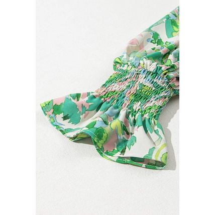 Green Leafy Printed Flounce Sleeve Shirred Mock Neck Blouse