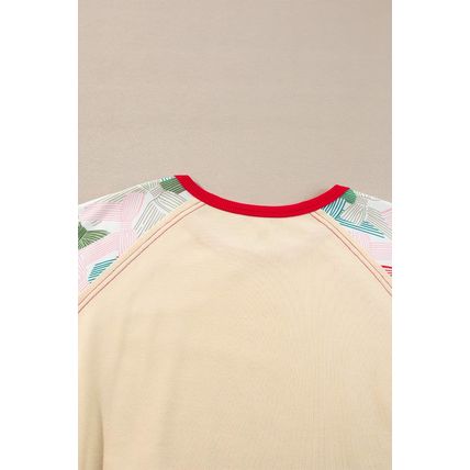 Beige Bowknot Printed Patchwork Raglan Sleeve Colorblock Edge Top