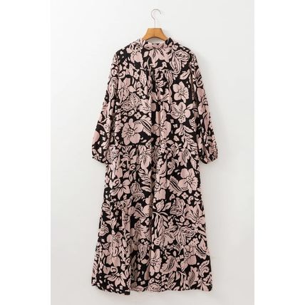 Black Plus Size Floral Printed Puff Sleeve Collared Maxi Dress