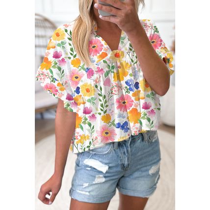 Yellow Floral Boxy Fit Ruffled Short Sleeve V Neck Blouse