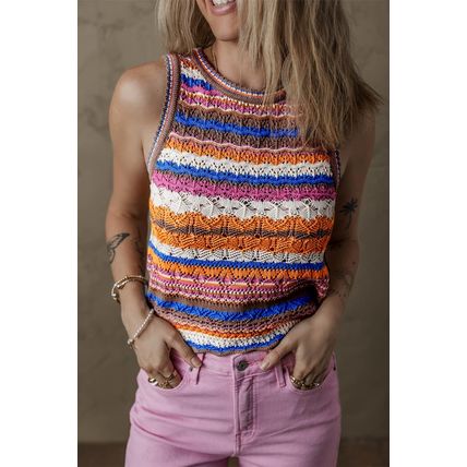 Dark Blue Striped Textured Knit Crew Neck Sweater Vest