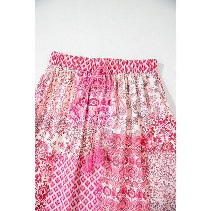 Red Boho Pattern Print Tassel Drawstring High Waist Maxi Dress
