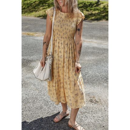 Yellow Boho Floral Print Ruffle Smocked Flowy Summer Dress
