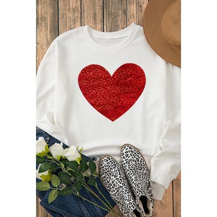 Beige Glitter Valentine Heart Shape Graphic Sweatshirt
