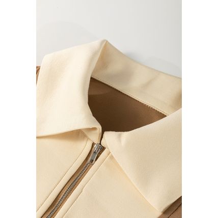 Simply Taupe Half Zipper Collared Colorblock Short Sleeve Top