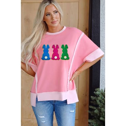 Peach Blossom Contrast Patchwork Detail Chenille Bunny Patched Easter Graphic Te