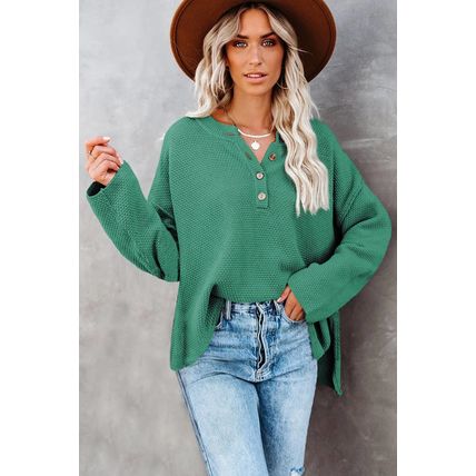 Green-2 Henley Pullover Drop Shoulder Sweater with Slits