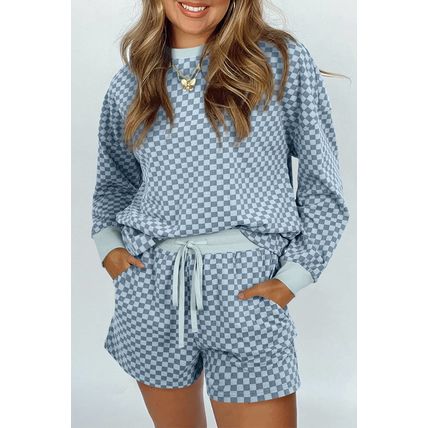 Sky Blue Checkerboard Long Sleeve Pullover and Shorts Set