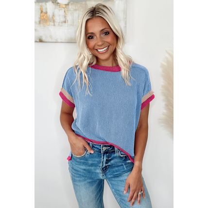 Sky Blue Textured Contrast Trim Round Neck T Shirt