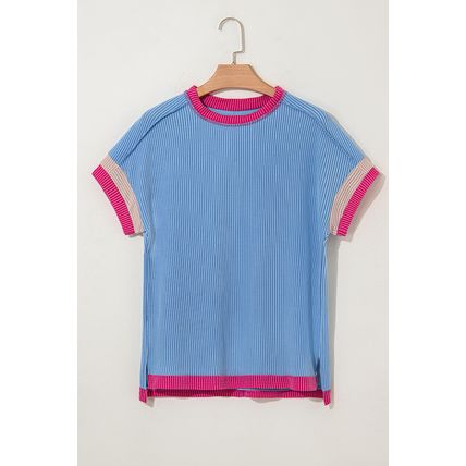 Sky Blue Textured Contrast Trim Round Neck T Shirt
