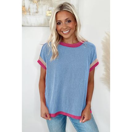 Sky Blue Textured Contrast Trim Round Neck T Shirt