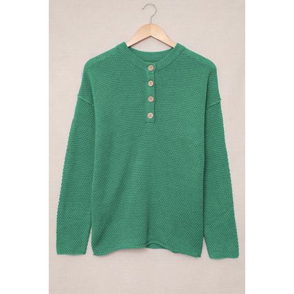 Green-2 Henley Pullover Drop Shoulder Sweater with Slits