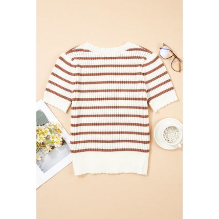 Khaki Stripe Scalloped Round Neck Short Sleeve Sweater
