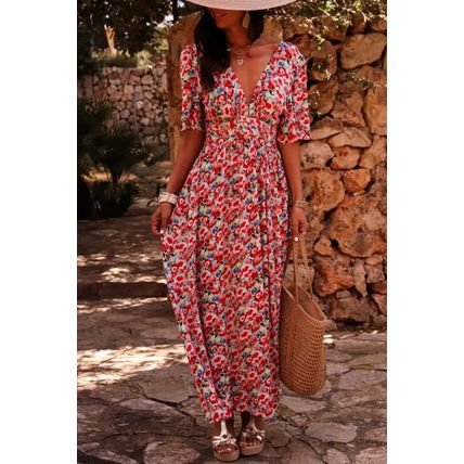Red Floral Half Sleeve Deep V Neck Cutout Back Split Maxi Dress
