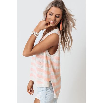 Beige USA Flag Notched Neckline Loose Sweater Vest