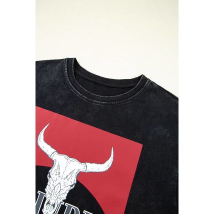 Black Western HOWDY Steer Head Print Side Slits Loose Fit T Shirt