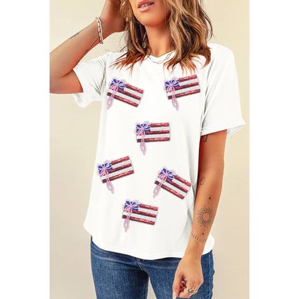 White Sequin Bow American Flag Patched T Shirt