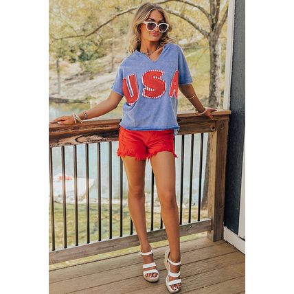 Sky Blue USA Patch Mineral Wash Notch V Neck Vintage Graphic T Shirt