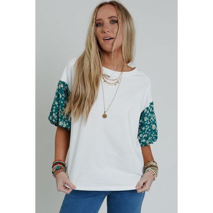 White Contrast Floral Puff Sleeve Oversized Top