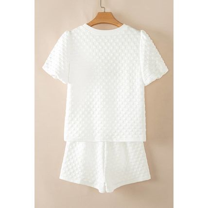 White Solid Color Checkered Texture Short 2pcs Outfit