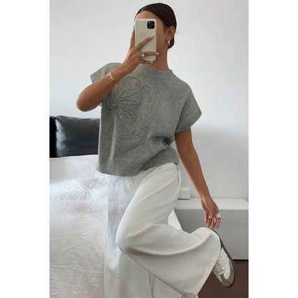 High Flower Pattern Ribbed Trim Short Sleeve Boxy Sweater