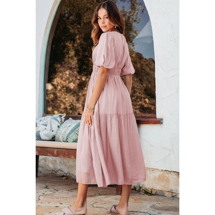 Pink Puff Sleeve Pleated High Waist Flowy Midi Dress