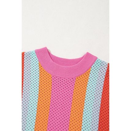 Orange Color Block Eyelet Casual Sweater T Shirt