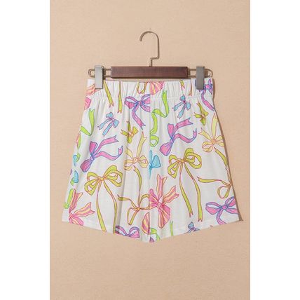 White Cheerful Bow Print Elastic Pull On Casual Shorts