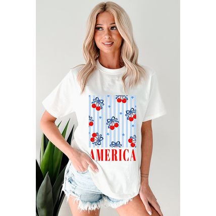 White Bow Cherry AMERICA Graphic Crewneck Patriotic T Shirt