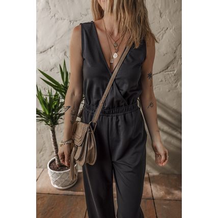 Black Wrap V Neck Sleeveless High Waist Jumpsuit