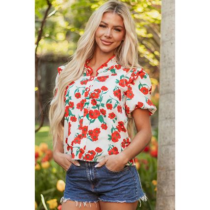 Red Floral Print Ruffled Puff Sleeve Elegant Summer Shirt