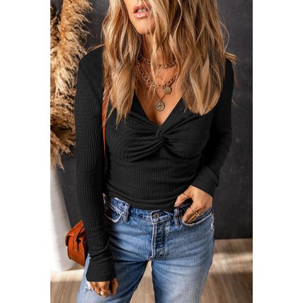 Black Textured Twist Front V Neck Long Sleeve Slim Solid Color Top