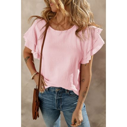 Light Pink Crinkled Cotton Gauze Ruffle Sleeve Blouse