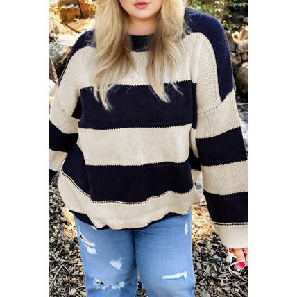 Blue Stripe Color Block PLus Size Drop Shoulder Sweater