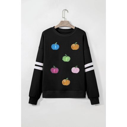 Black Multicolored Sequin Pumpkin Oversized Varsity Sweatshirt