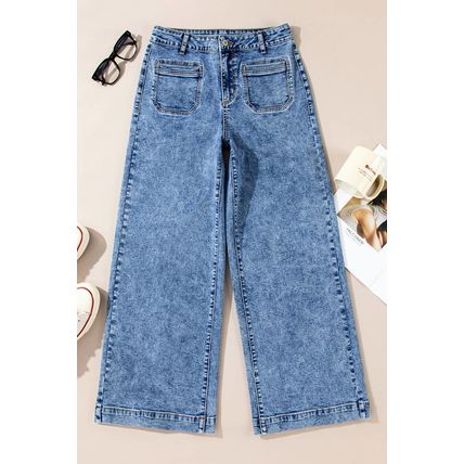 Blue Chic Patch Pocket Straight Leg Loose Jeans