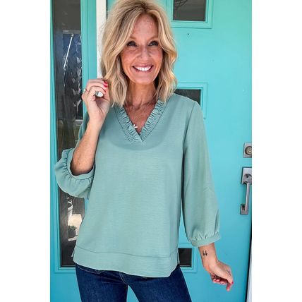 Moonlight Jade Frilled V Neckline Bracelet Sleeve Crinkled Blouse
