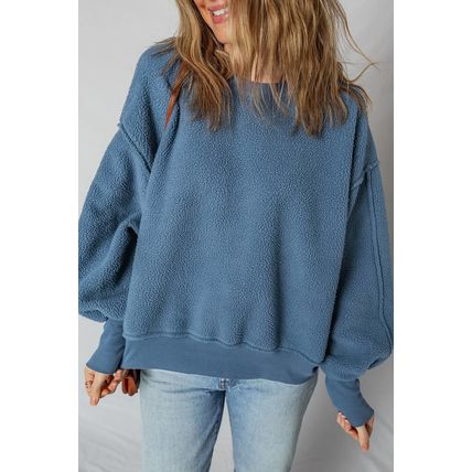 Sail Blue Fleece Drop Shoulder Exposed Seam Patchwork Casual Sweatshirt