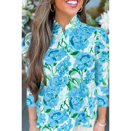 Green Floral Frilled Collar Three Quarters Sleeve Elegant Shirt