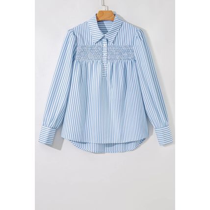 Sky Blue Stripe Shirred Detail Half Placket Collared Long Sleeve Fall Shirt