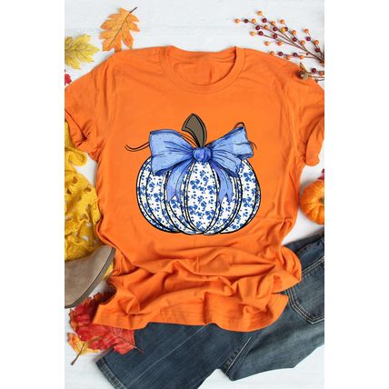 Orange Floral Pumpkin Bow Print Thanksgiving T Shirt