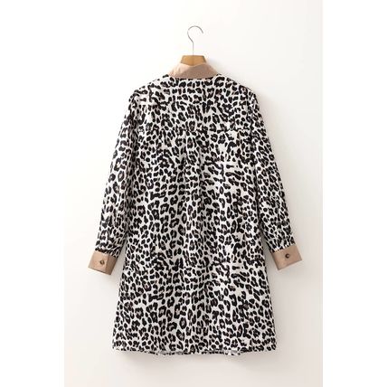Multicolour Button Striped Collar Leopard Print Long Sleeve Flared Dress