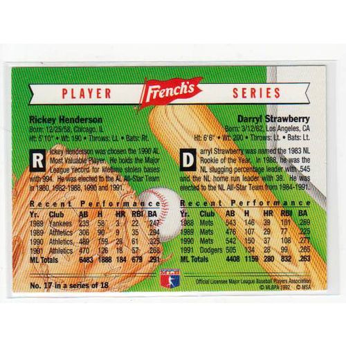 1992 French’s Player Series Rickey Henderson, Darryl Strawberry card #17